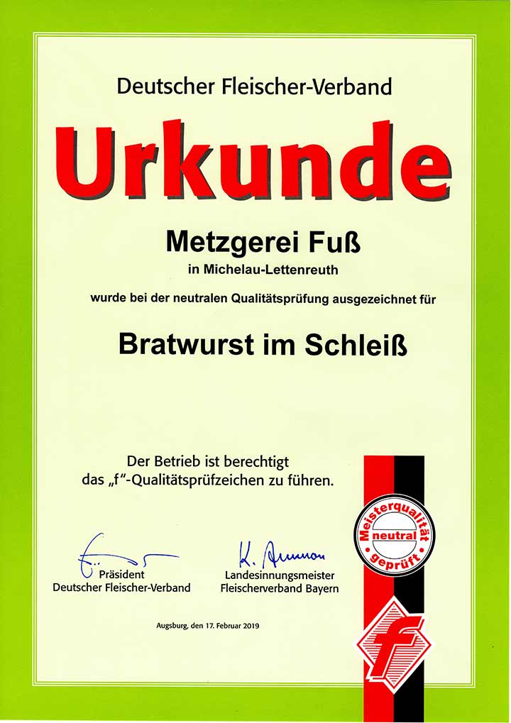 Urkunde Deutscher Fleischer Verband - Weißwurst