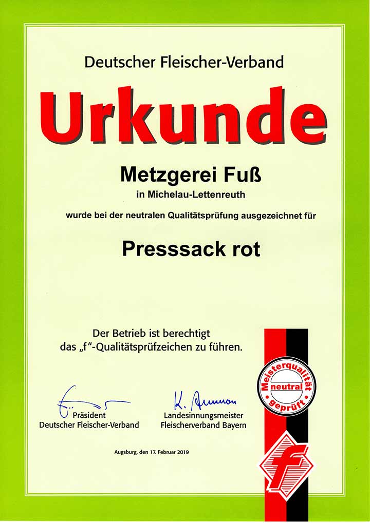Urkunde 2019 Deutscher Fleischer Verband - Presssack rot