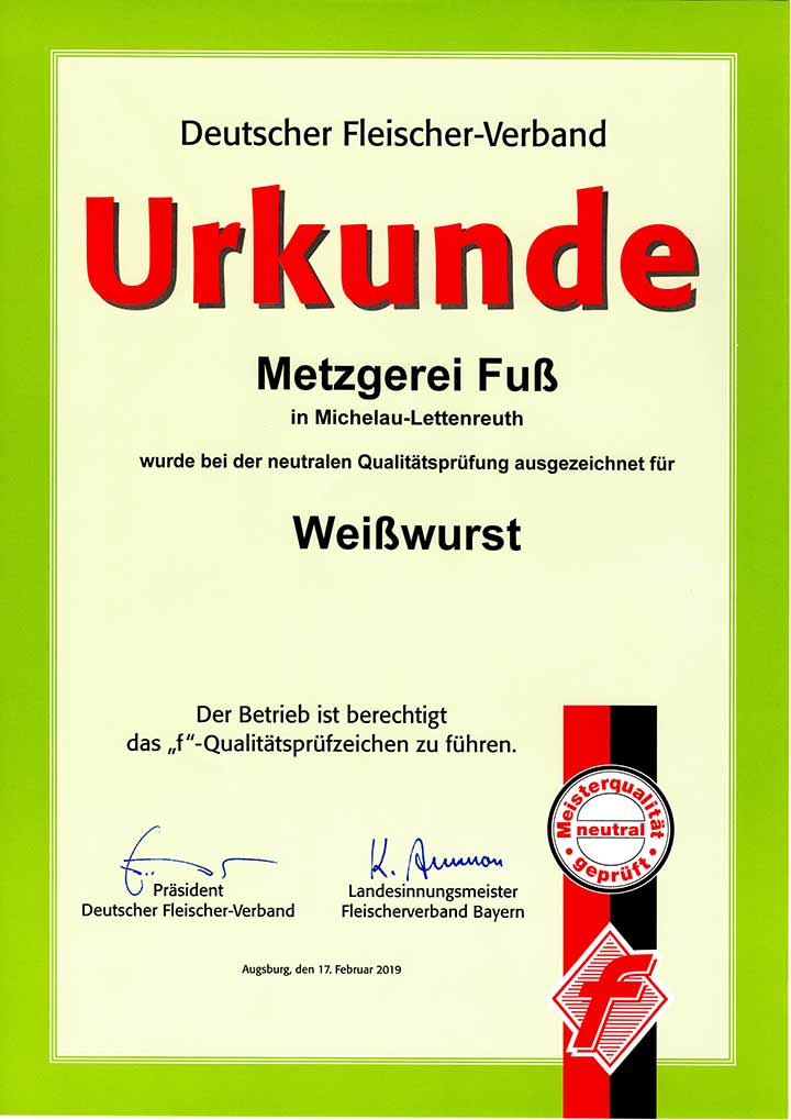 Urkunde 2019 Deutscher Fleischer Verband - Bratwurst im Schleiß