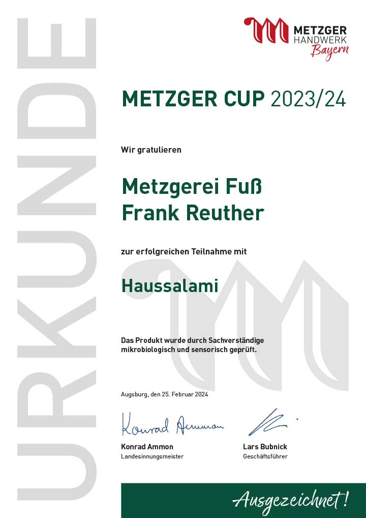 Urkunde 2023 Metzger Cup - Haussalami