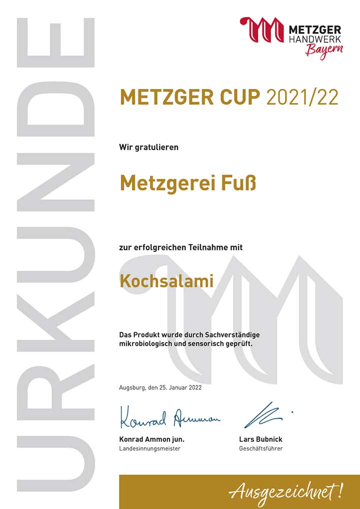 Urkunde Metzger Cup - Kochsalami