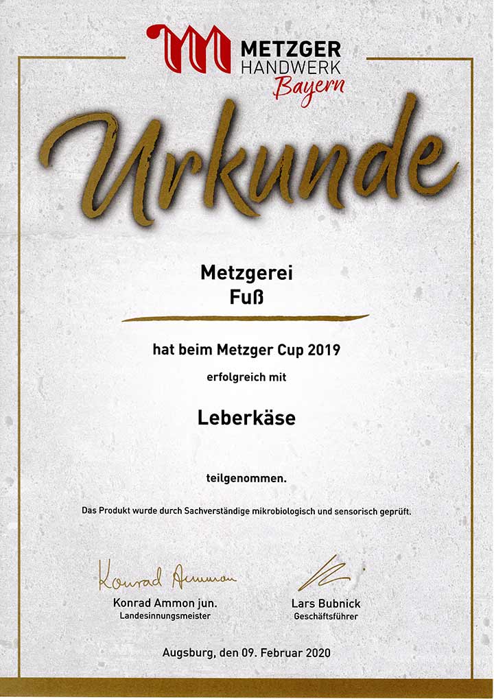 Urkunde 2019 Metzger Cup - Leberkäse