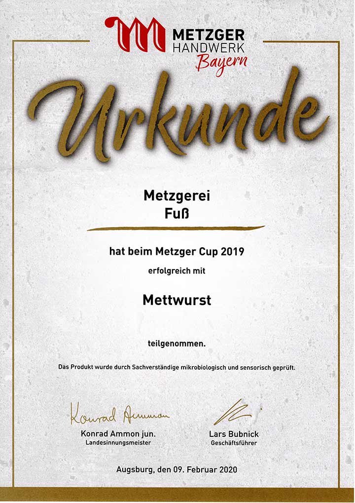 Urkunde 2019 Metzger Cup - Mettwurst